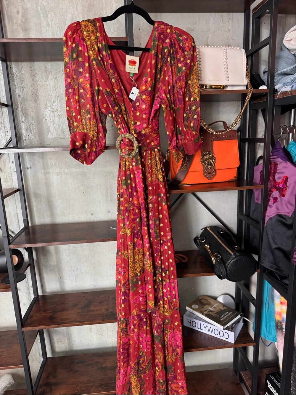 FARM Rio Red Floral Metallic Polka Dot Maxi Dress with Statement Buckle